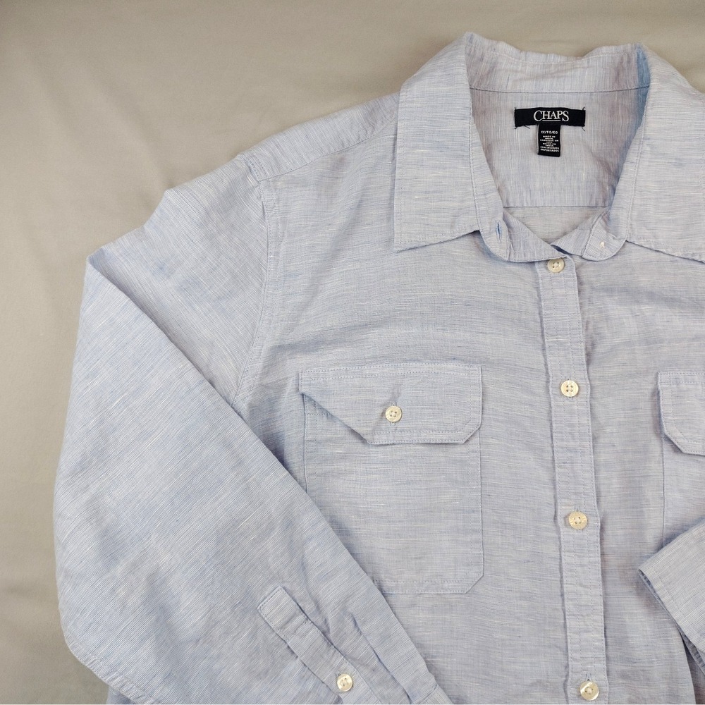 Chaps Womens 1X/XL Linen Cotton Button Down Shirt Light Blue Long Sleeve - Picture 7 of 16